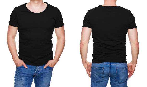 istock Man in blank black tshirt front and rear isolated on white 956902026
