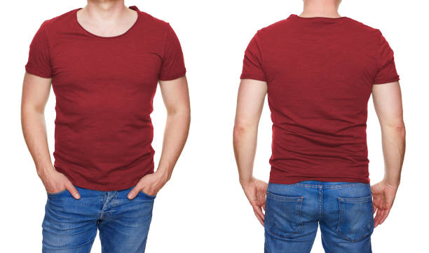 istock T-shirt design - man in blank red tshirt front and rear isolated on white 956902030
