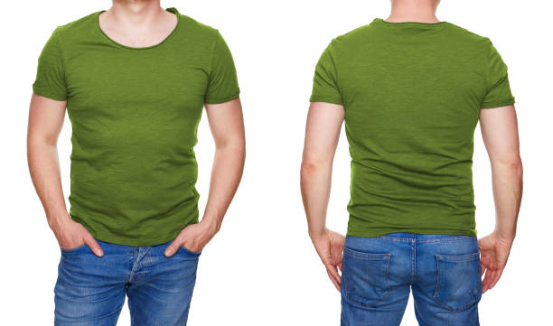 Man in blank olive green tshirt front and rear isolated on white T-shirt design - man in blank olive green tshirt front and rear isolated on white olive green shirt stock pictures, royalty-free photos & images