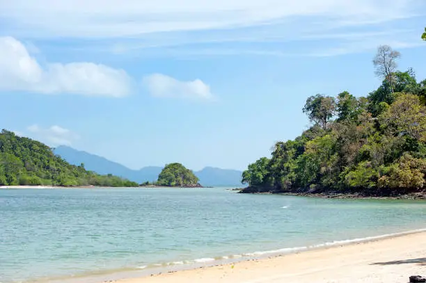Desert island wooded bay and beach of the Langkawi archipelago of 99 islands on Malaysia's west coast, seen from Datai bay on Langkawi island with calm sea, Kedah, Malaysia
