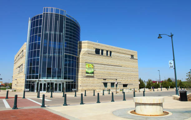 Manhattan, Kansas, USA - April 28, 2018: Daytime view of the front entrance of the municipal heritage and science center located in the city of Manhattan, Kansas