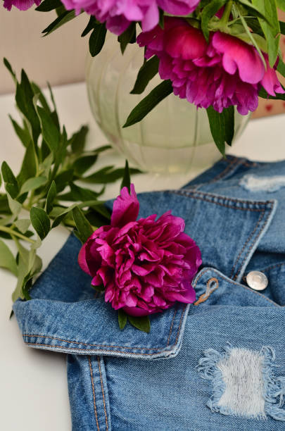 Still life concept. Bouquet of pink peonies peony roses flowers in a vase on white table with blue denim jacket, background. Garden spring flowers, Card Concept, copy space for text. mom's day, birthday, celebration wallpaper concepto de naturaleza muerta. ramo de peonías rosa peonía rosas flores en un florero sobre la mesa blanca con chaqueta denim azul de fondo. flores de primavera jardín, concepto de tarjeta, copiar espacio para texto. día de la madre, cumpleaños, celeb