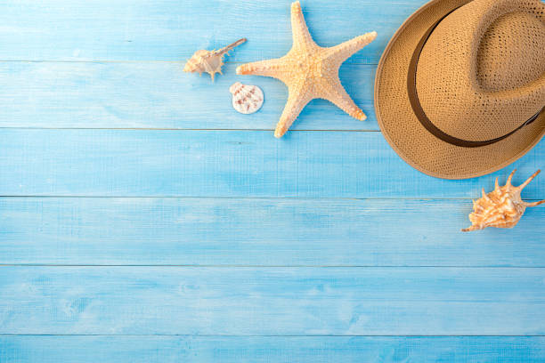 istock Directly Above Shot Of Hat By Starfish And Seashells On Blue Table 956912274
