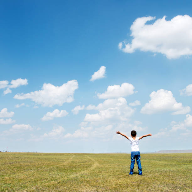 istock Little boy arms raised under blue sky 956912346