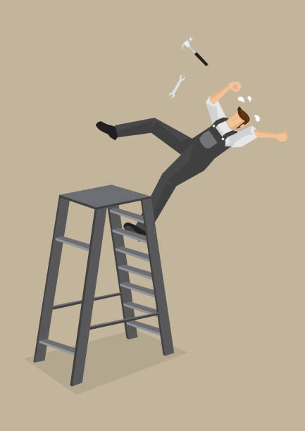 Worker Falling from Ladder Vector Illustration Blue-collar worker loses balance and falls backward from ladder with tools flying off. Vector cartoon illustration on work accident concept isolated on plain background. person falling backwards stock illustrations