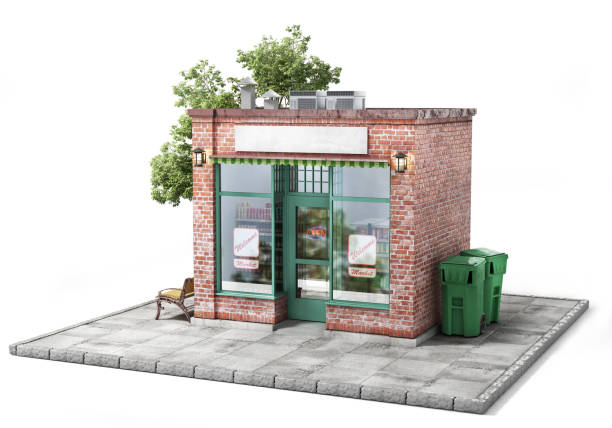 istock Business concept. Store with empty signboard isolated on a white. 3d illustration 956917510