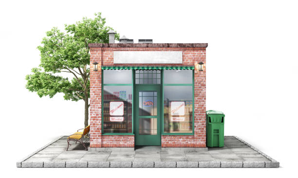 istock Business concept. Store with empty signboard isolated on a white. 3d illustration 956917562