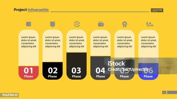 Six Stages Workflow Slide Template Stock Illustration - Download Image Now - Laser Gun, Abstract, Analyzing