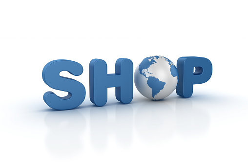Shop 3D Word and Globe World - White Background - 3D Rendering