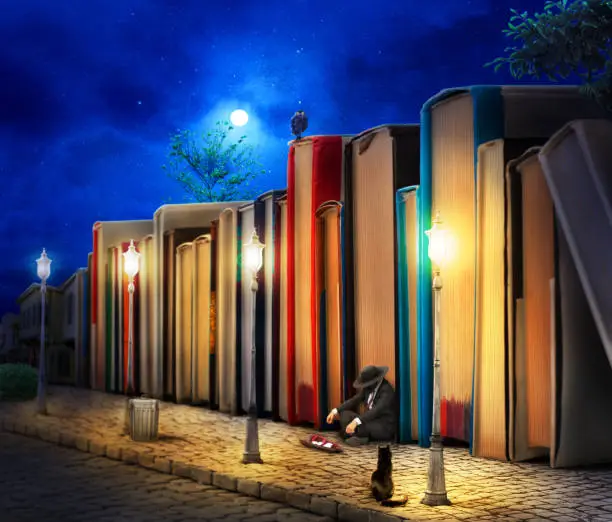 Reading concept. Fantasy. Stack of book as buildings on a street with streetlight in night. 3d illustration.