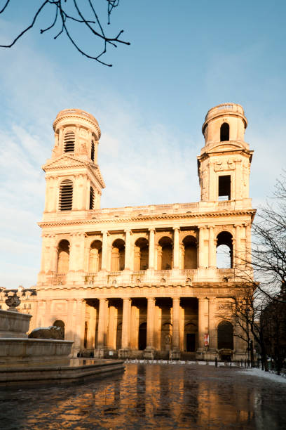 snow in paris : st sulpice church - rain snow sun beauty imagens e fotografias de stock