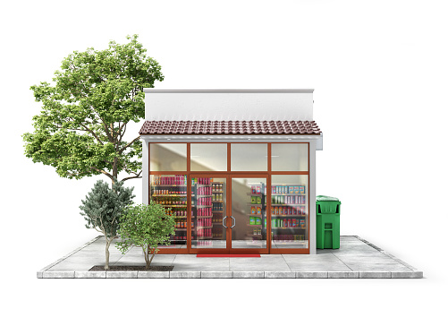 Business concept. Store with empty signboard isolated on a white. 3d illustration