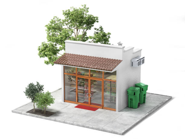 Business concept. Store with empty signboard isolated on a white. 3d illustration