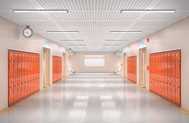 intérieur de l’école de corridor. illustration 3d - couloir photos et images de collection