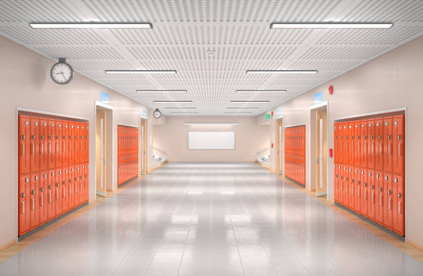 学校の廊下のインテリア。3d イラスト - locker room ストックフォトと画像
