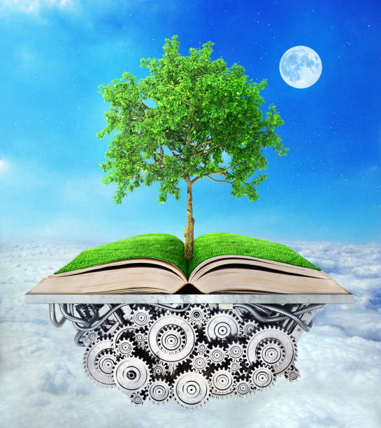 istock Education concept. Tree of knowledge grows from the book lying on the mechanism on a sky background. 3d illustration 956929984