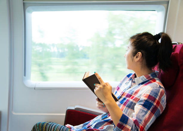 istock Young woman reading book on a train 956930702