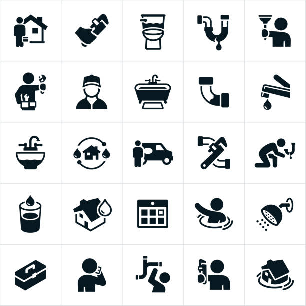 Plumbing Icons A set of plumbing icons. The icons include plumbers, handymen, pipe wrench, toilet, pipes, plunger, bath tub, faucet, sink, service person, service van, leaking pipe, shower, tools and other related icons. plumber stock illustrations