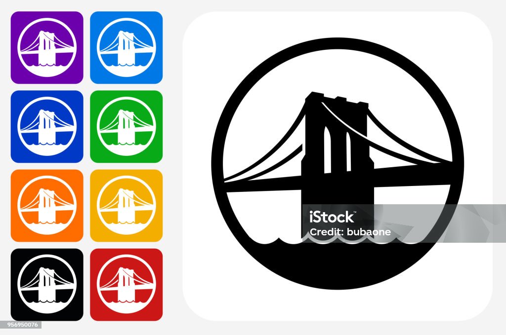 Brooklyn Bridge Icon Square Button Set Brooklyn Bridge Icon Square Button Set. The icon is in black on a white square with rounded corners. The are eight alternative button options on the left in purple, blue, navy, green, orange, yellow, black and red colors. The icon is in white against these vibrant backgrounds. The illustration is flat and will work well both online and in print. Icon Symbol stock vector