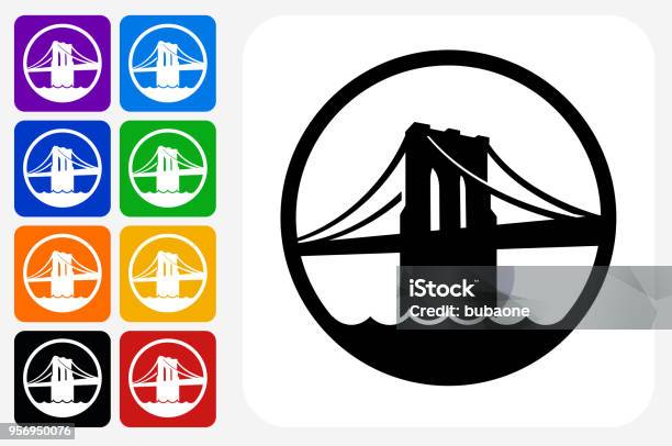 Brooklyn Bridge Icon Square Button Set Stock Illustration - Download Image Now - Icon Symbol, Brooklyn Bridge, Suspension Bridge