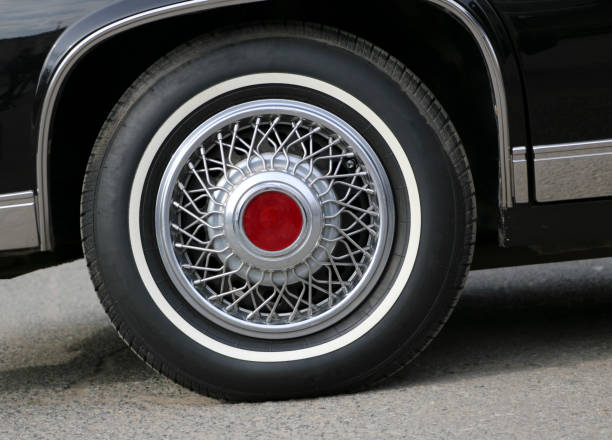 istock chrome wheel with silvery spokes and a new rubber on a black shiny Cadillac 956951152