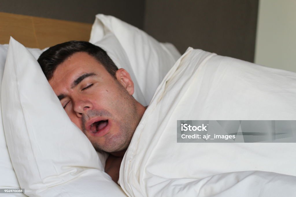 Funny Man Snoring In Bed Stock Photo - Download Image Now - Sleeping,  Saliva - Bodily Fluid, Men - iStock
