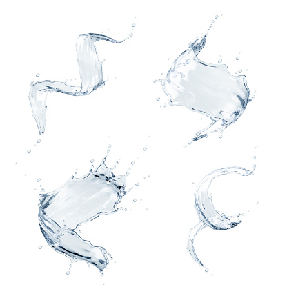 3d render, water splashes collection, clear liquid splashing clip art, isolated on white background, drink, vodka, spirit, design elements collection