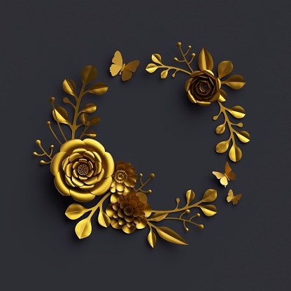 3d render, gold paper flowers, dramatic floral arrangement, wreath isolated on black background, round frame, dahlia, rose, botanical decor, artificial nature elements, diy quilling craft, clip art