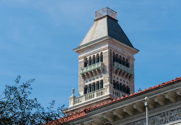 The ornate tower of the Tomochichi Federal Building and U.S. Courthouse in downtown Savannah, Georgia.