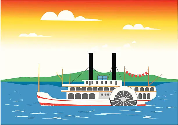 Vector illustration of Paddle steamer on the river