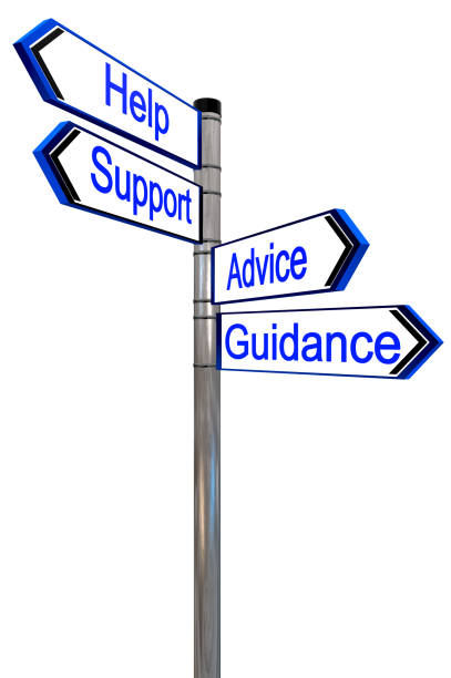 istock Sign post with four signs with help, support, advice and guidance on a white background 957006096
