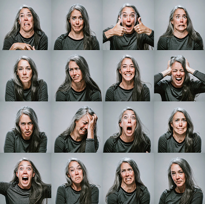 A series of head shot portraits of a woman making different faces and expressing an assortment of emotions.