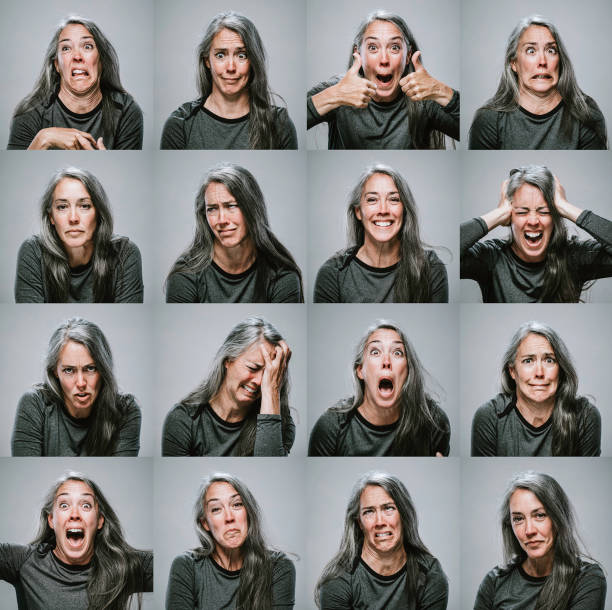 Composite of Mature Woman with Many Emotions and Expressions A series of head shot portraits of a woman making different faces and expressing an assortment of emotions. woman emotion stock pictures, royalty-free photos & images