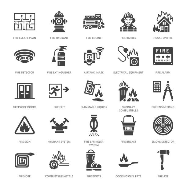 противопожарная, противопожарная техника плоские иконы глифа. пожарный автомобиль, огнетушитель, детектор дыма, дом, п�ризнаки опасности, п� - engine car truck hose stock illustrations