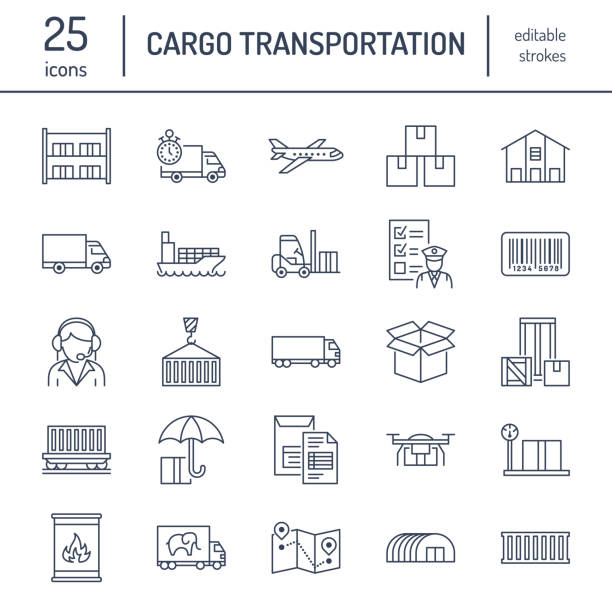 ilustraciones, imágenes clip art, dibujos animados e iconos de stock de iconos de línea plana de transporte de carga. camiones, express entrega, logística, transporte, despacho de aduana, paquete de cargas, seguimiento y etiquetado de símbolos. transporte de muestras delgadas para servicios de carga - trucking