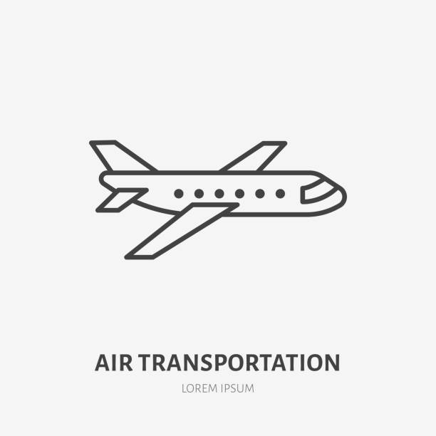 ilustrações de stock, clip art, desenhos animados e ícones de airplane flat line icon. jet sign. thin linear logo for air delivery, freight services or travel - air vehicle airplane commercial airplane private airplane