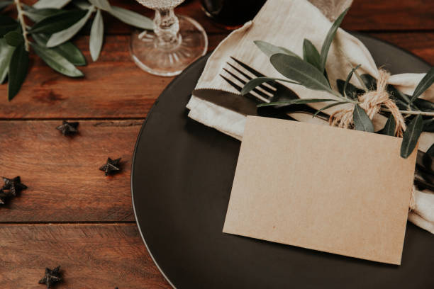 istock Empty wedding card on plate with rustic wedding decorations. Rural organic eco style 957028060