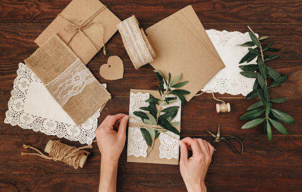 How to make Wedding Invitation. Rustic Diy concept. Handmade handcrafted items Flat lay stock photo