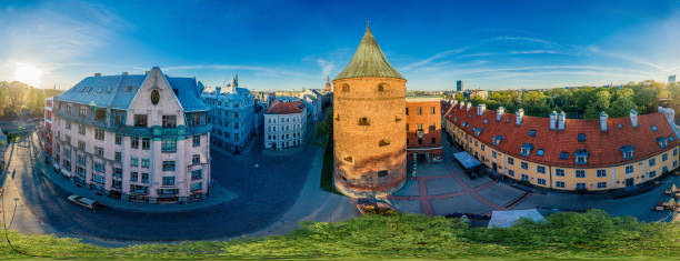 istock Riga City Old Town Red Tower drone 360 vr view 957030660