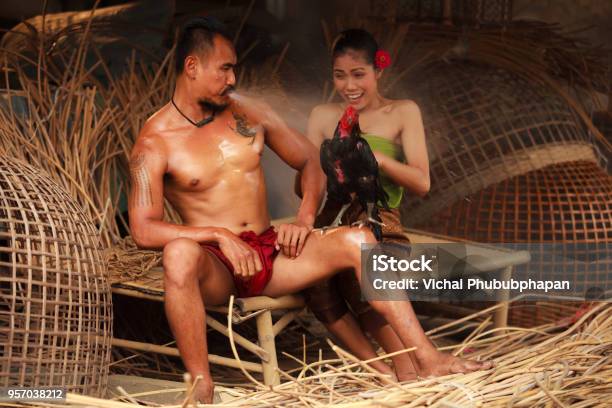 Photo libre de droit de Asiatique Thai Vie Rurale Traditionnelle Tous Les Jours Une Surprises Homme Asiatique Est Proche De La Femme En Soufflant Leau À Un Coq De Combat banque d'images et plus d'images libres de droit de Poulet - Volaille domestique