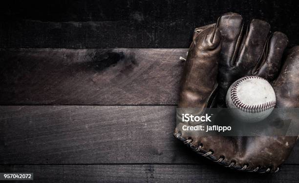 Vintage Baseball Gear On A Wooden Background Stock Photo - Download Image Now - Baseball - Ball, Baseball - Sport, Baseball Glove