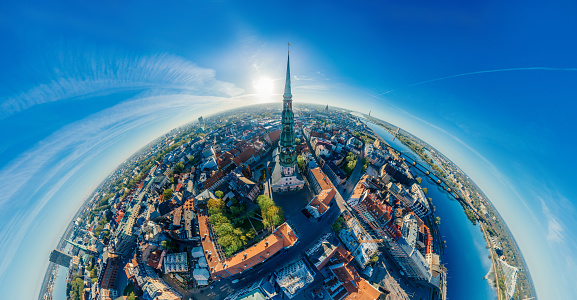 Riga city Drone photo from above Old Town Peter church, VR camera Sphere planet, virtual reality, panorama
