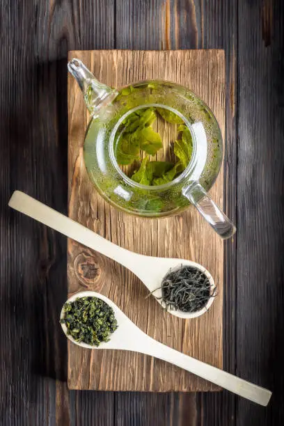 Photo of Traditional Chinese green tea of different fermentation and rice