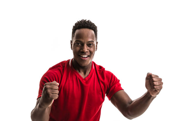 Fan / Sport Player on red uniform celebrating on white background