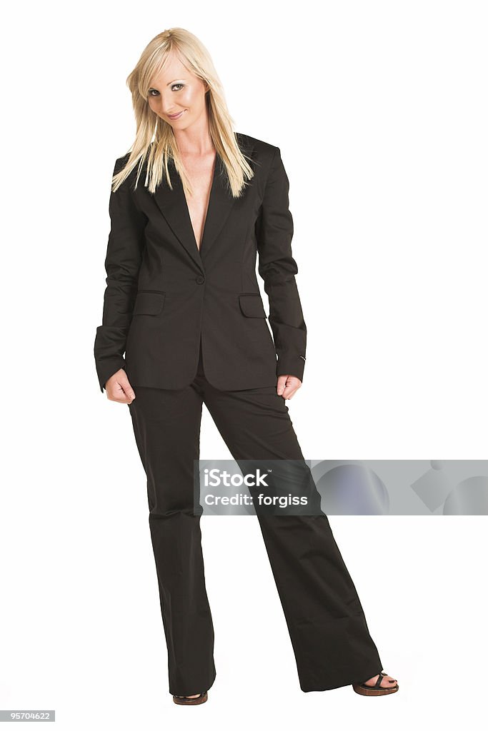 Schöne blonde Geschäftsfrau im schwarzen Anzug - Lizenzfrei Arbeiten Stock-Foto
