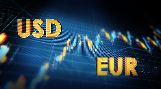 American dollar to Euro currency exchange graph with USD and EUR codes. Horizontal composition with selective focus and copy space.