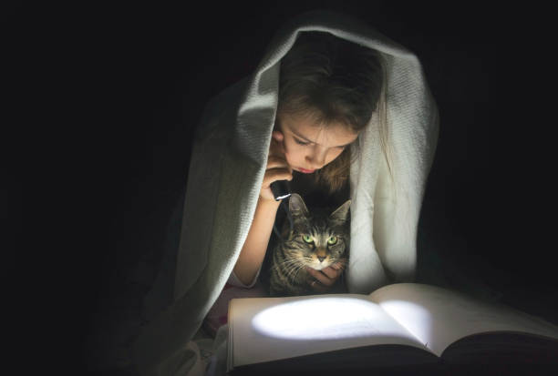 istock Girl with a flashlight under the blanket reading a book in the dark. 957050288