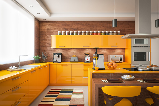 Digitally generated contemporary domestic kitchen with wooden elements, a large window with blinds on the left and the kitchen island with induction hob on the right. The floor is covered with large tiles.

The scene was rendered with professional shaders and lighting in Autodesk® 3ds Max 2016 with V-Ray 3.6.