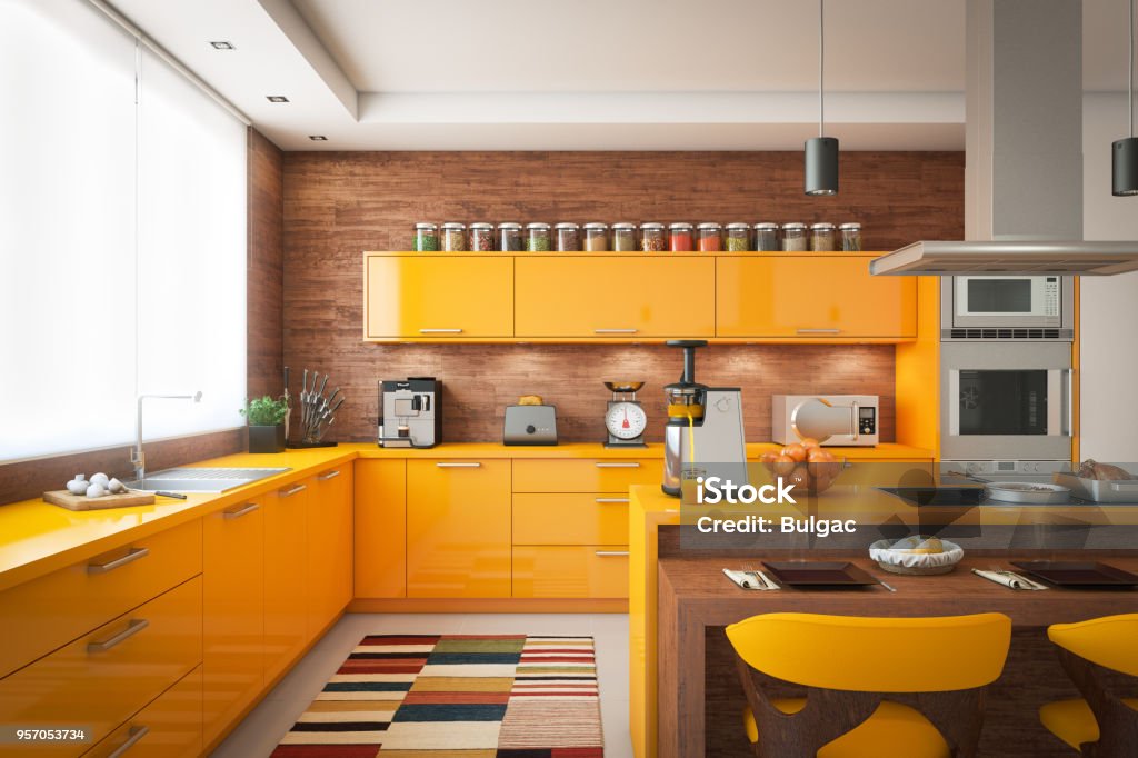 Domestic Kitchen Interior Digitally generated contemporary domestic kitchen with wooden elements, a large window with blinds on the left and the kitchen island with induction hob on the right. The floor is covered with large tiles.

The scene was rendered with professional shaders and lighting in Autodesk® 3ds Max 2016 with V-Ray 3.6. Kitchen Stock Photo