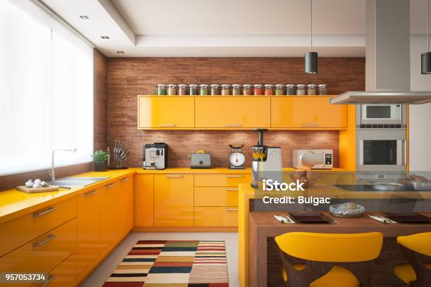 Domestic Kitchen Interior Stock Photo - Download Image Now - Kitchen, Multi Colored, Orange Color